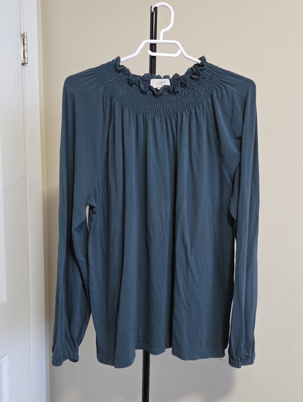 LOFT Teal Smocked-Neck Long Sleeve Top